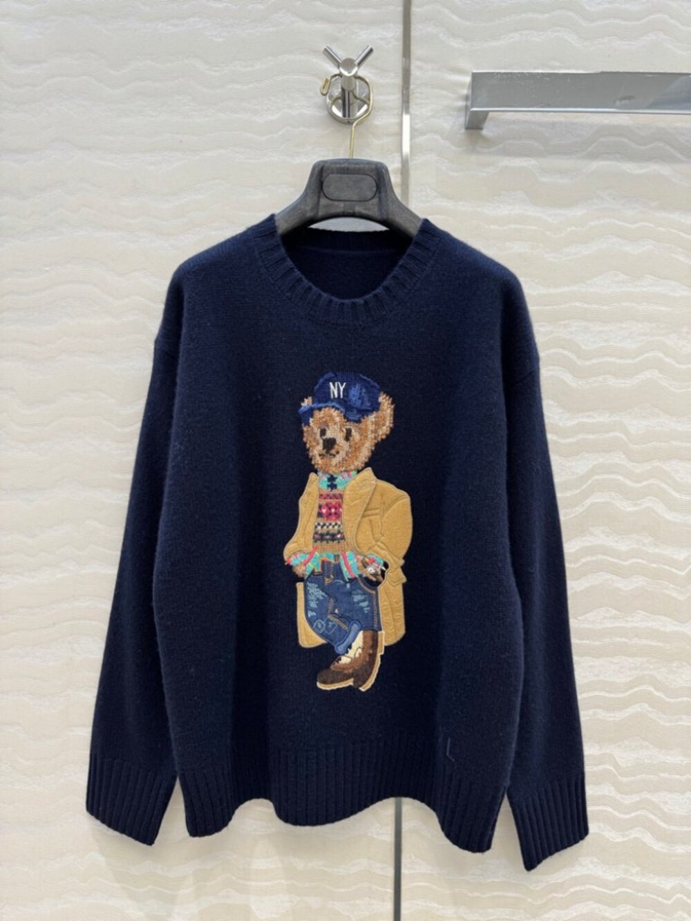 Polo Ralph Lauren Navy Crewneck NY Cap Polo Bear Knit Pullover Sweater